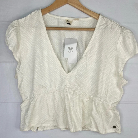 ROXY Ivory Textured Cropped Top Short Sleeve V Neck Peplum hem Size XL - Picture 1 of 12